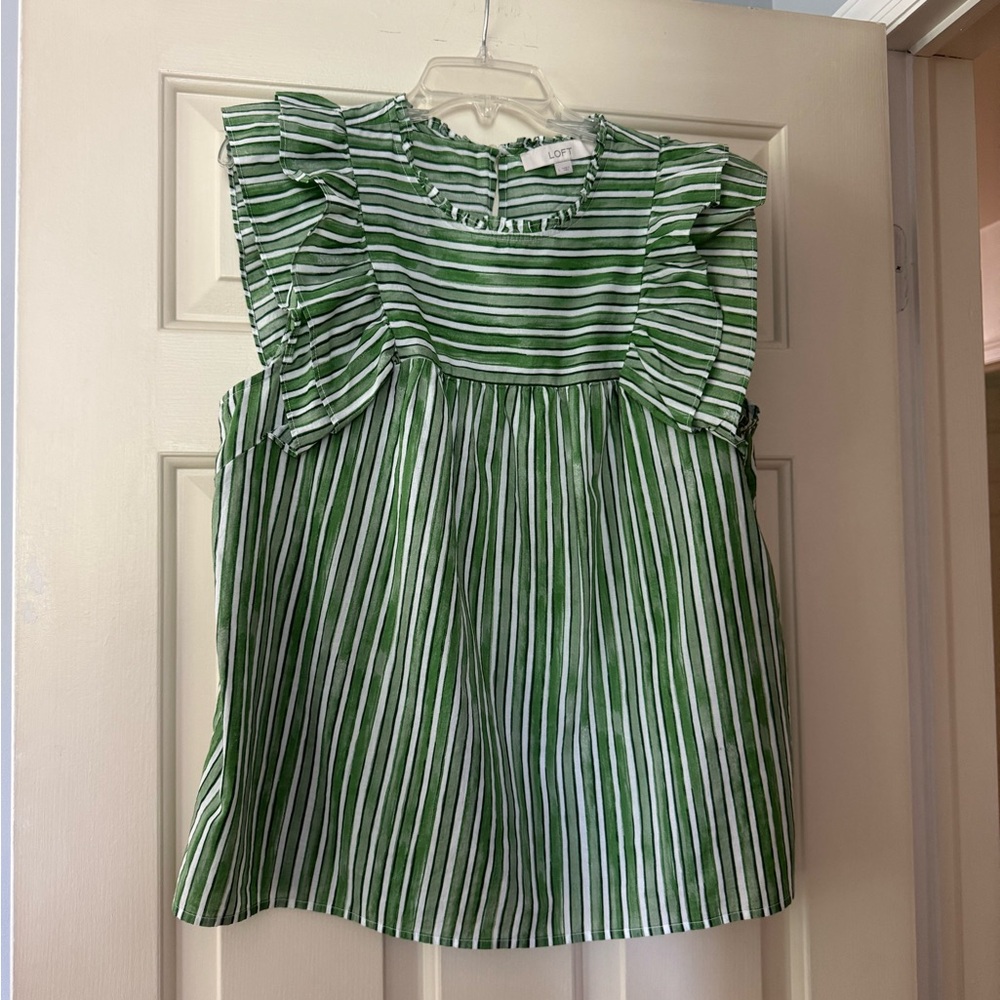 LOFT Green and White striped blouse with Flutter Sleeves